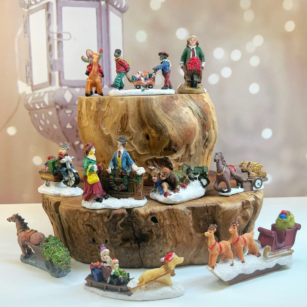 Vintage Christmas Village Mini Resin Figurines Set, Winter Snow Town Decor, Holiday Collectible Gift