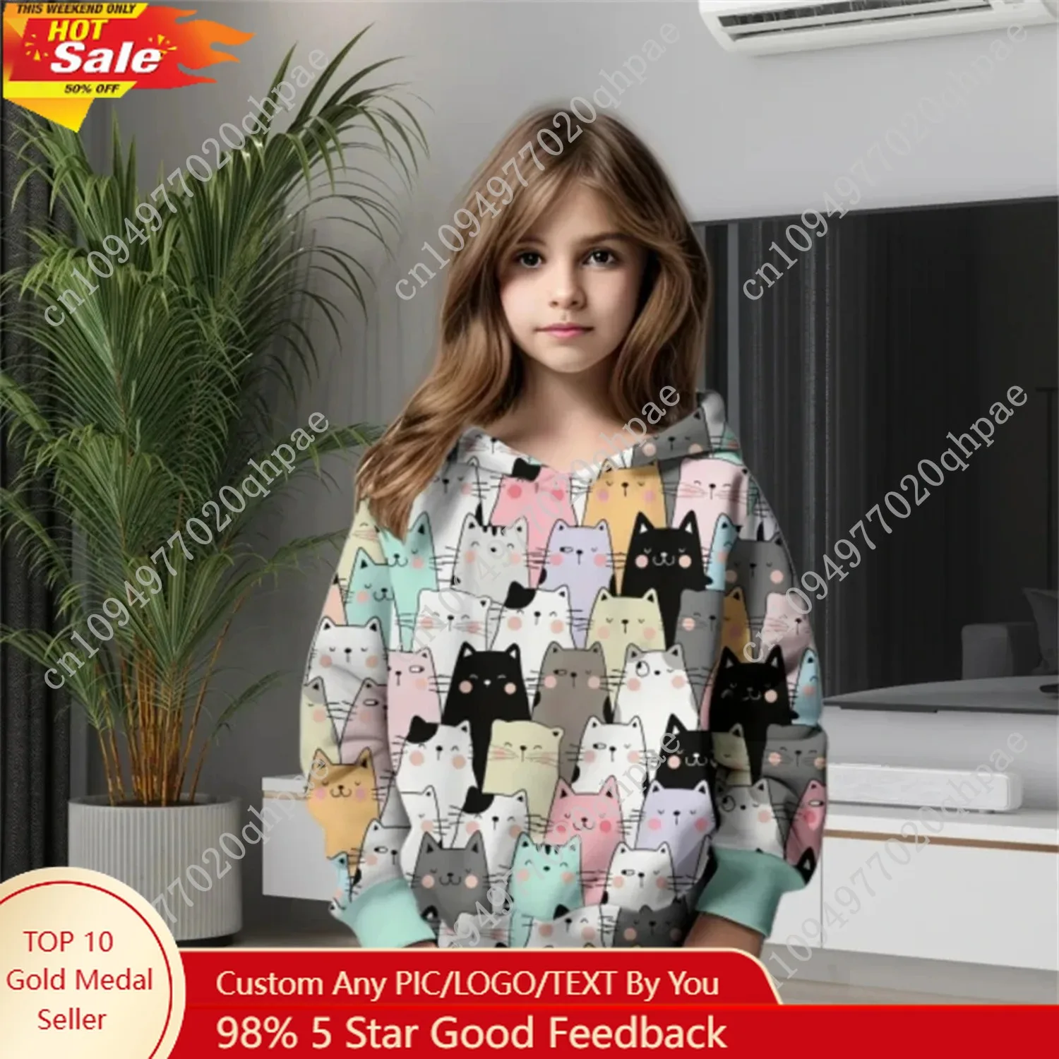 

2025 Girls 3D Cat Print Hoodie Blouse Sweatshirt Fashionable Children's Autumn Clothing Comfortable Kids' Hooded Blouse