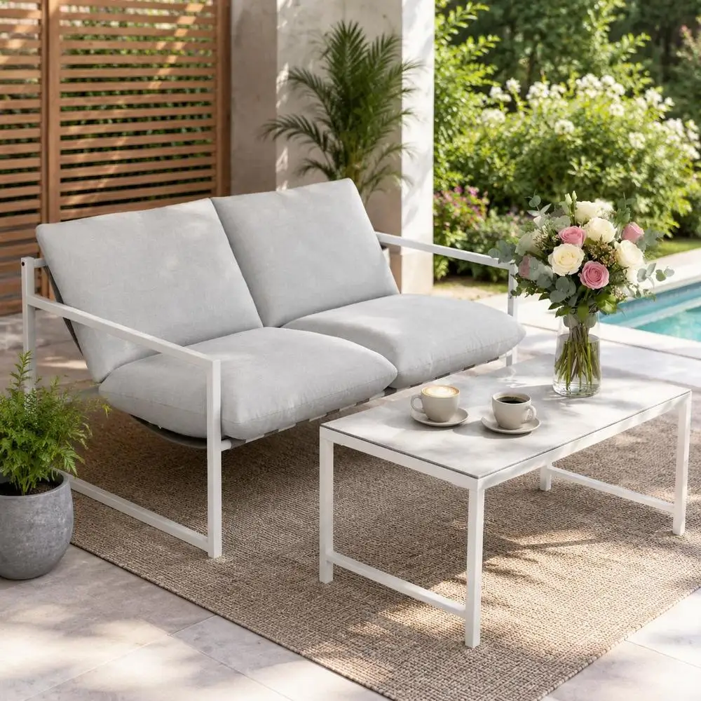 Ensemble de canapés de jardin d'extérieur avec coussins profonds et table basse en verre trempé effet marbre 3D, structure robuste supportant 240 kg, ensemble de meubles de patio gris clair adapté au jardin, à la cour, au balcon, au patio et à la cour intérieure pour les activités de loisirs quotidiennes.