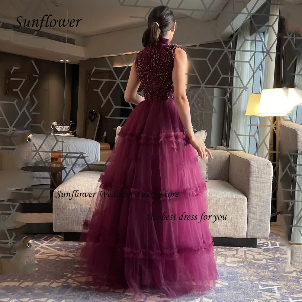 Sunflower High Neck Formal Evening Dress 2023 Slim Appliques Tiered Tulle A-LINE Floor-Length High-end Custom Party Gowns