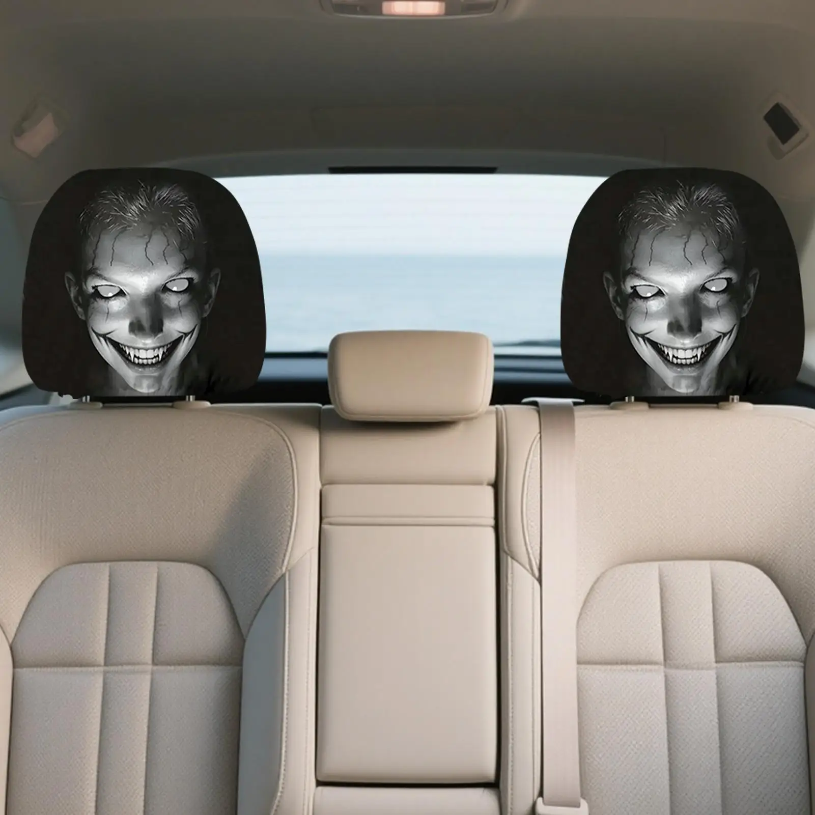 Halloween Headrest Cover for Cars 2 Pieces Halloween Ghost Face Print Holiday Automobile Seat Headrest Cover for Sedan Truck
