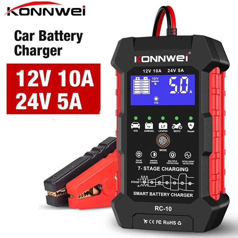 2024 Car Battery Charger KONNWEI RC-10 12V 24V 5A Automatic Fast Charging Lead Acid AGM Gel Battery Charger & Pulse Repair tool