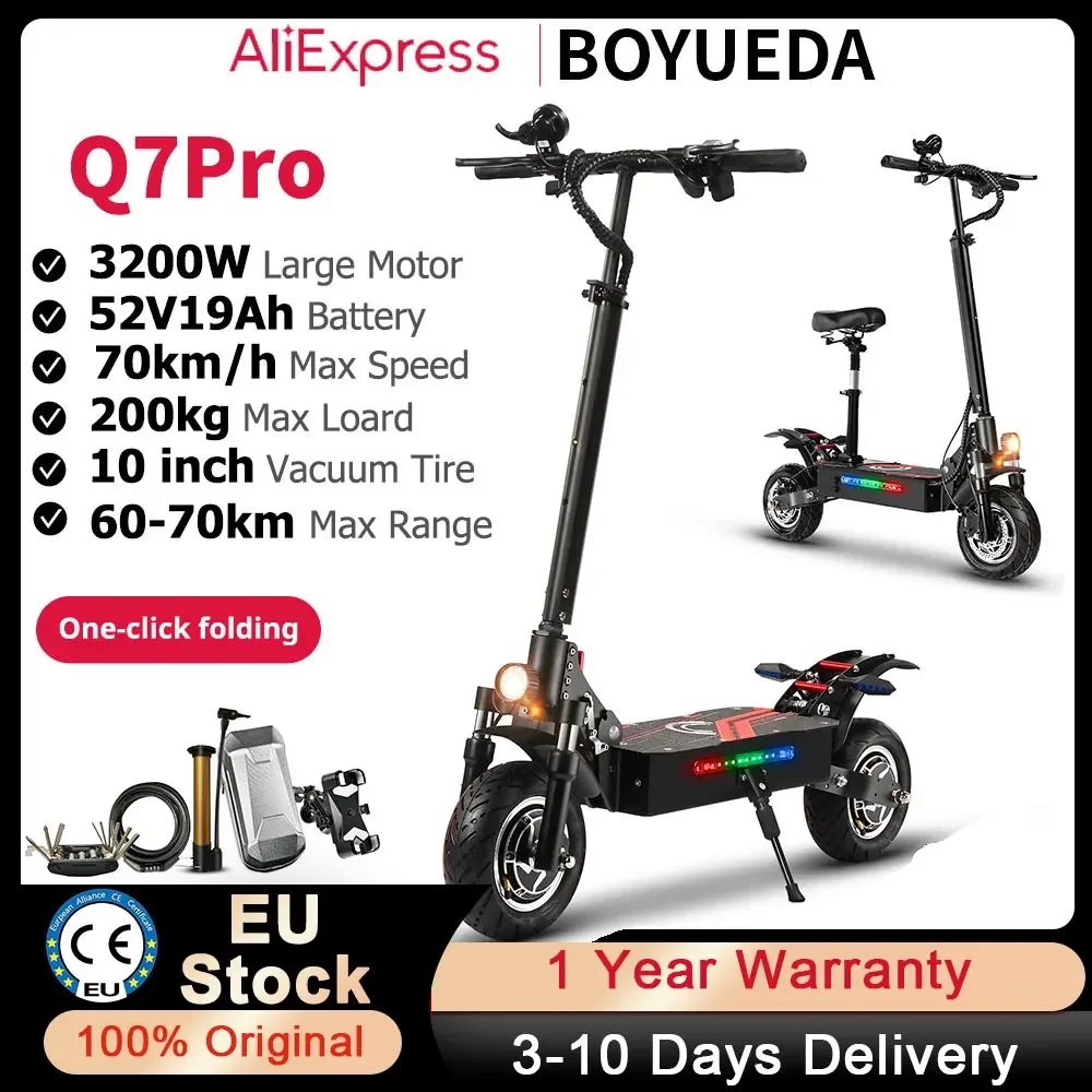

Электрический самокат для взрослых BOYUEDA Q7Pro, 3200 Вт, двойной двигатель, максимальная скорость 70 км/ч, 512 В, 19 Ач, складной электронный самокат с бесшумными шинами для всех сторон