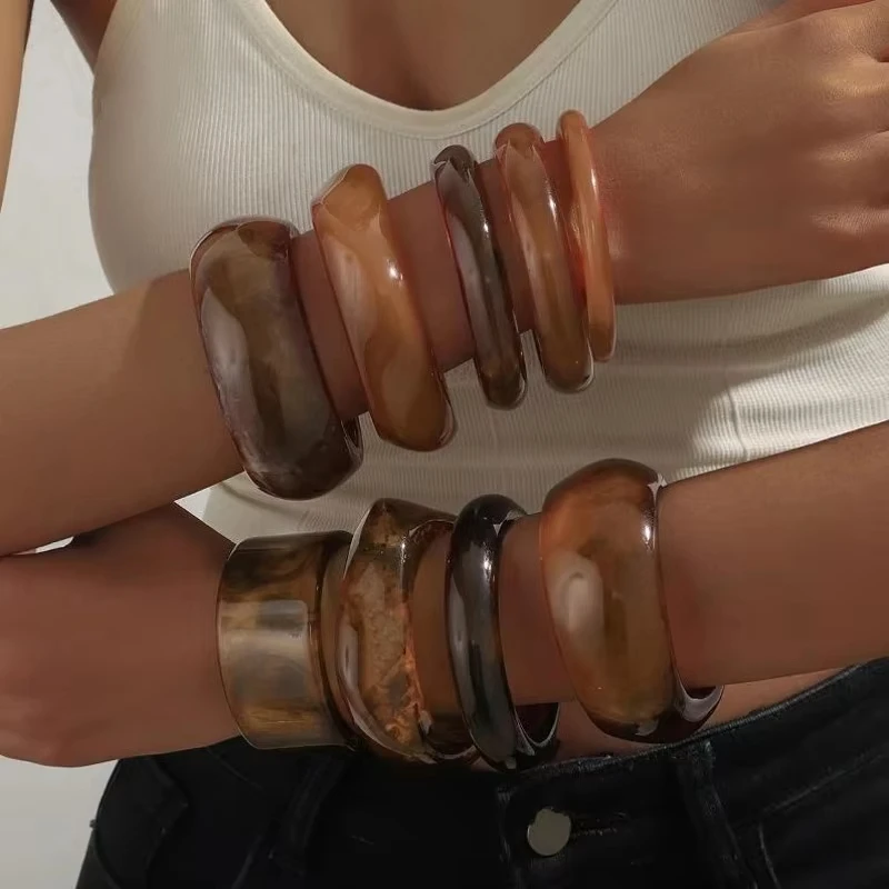 

Vintage Bohemian Irregular Geometric Chunky Wide Resin Acrylic Bangle Bracelet Colorful Large Jewelry Gift for Women Girls