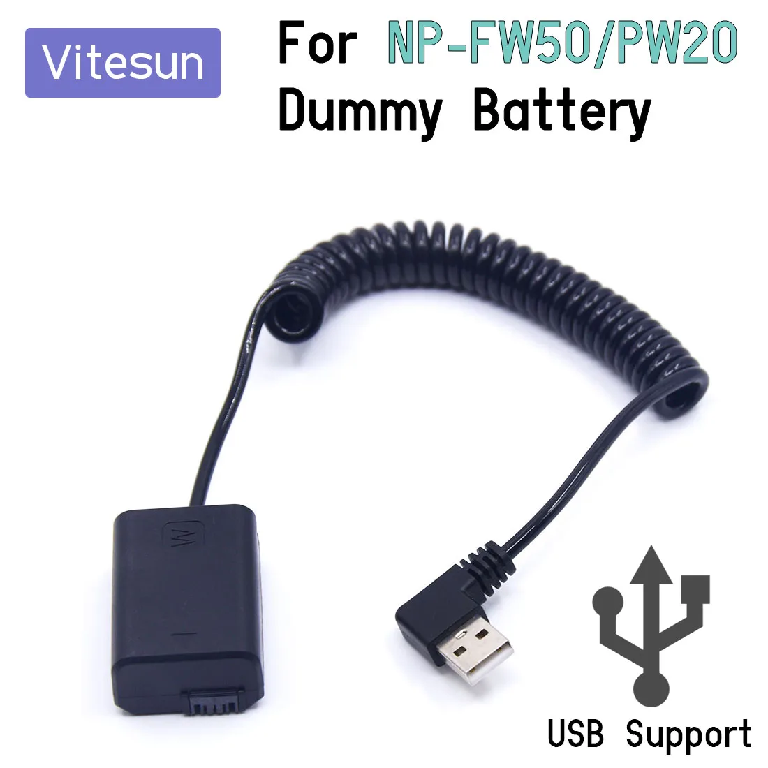 Vitesun NP-FW50 Dummy Battery AC-PW20 5V USB Spring Cable for Sony Alpha 7 a7S a7II a7R A3000 A5000 A6000 NEX5 NEX3 ZV-E10