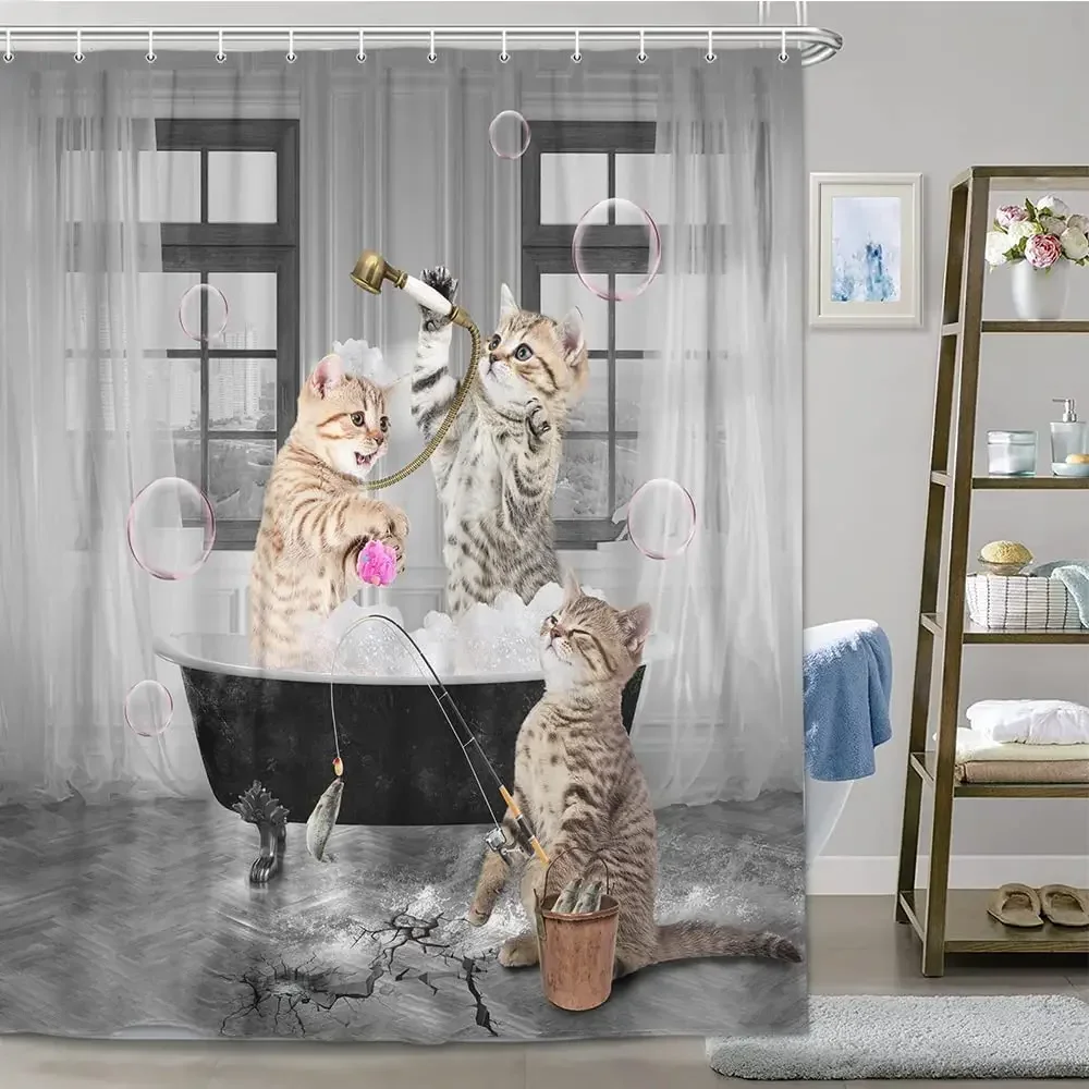 Funny Shower Curtains Cat Riding Shark Ocean Birds Sea Waves Cool Fun Bath Curtain Polyester Fabric Kids Bathroom Decor Sets view 3