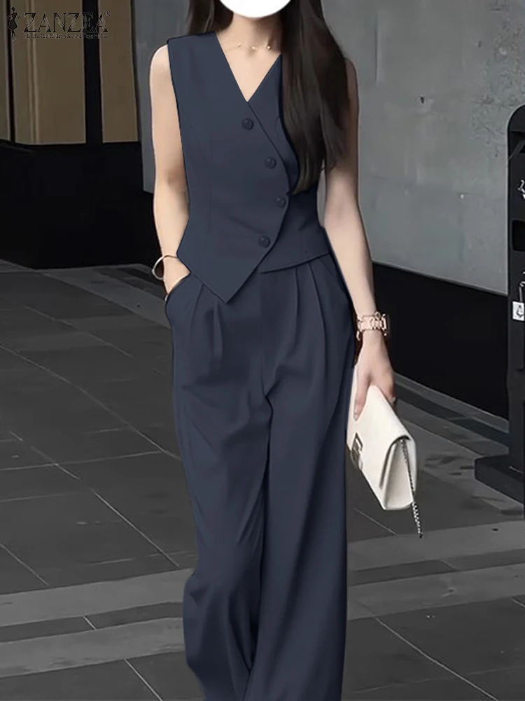 ZANZEA Elegant Summer Sleeveless Tops Wide Leg Trousers 2 Piece Sets Solid Office Lady Outfits Women OL Work Pants Sets 2PCS