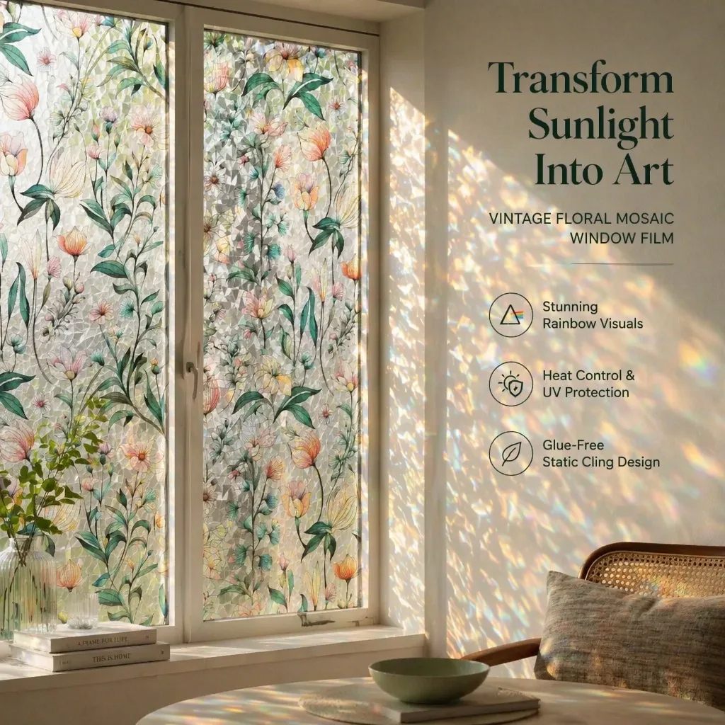 Vintage Hand Painted Floral Mosaic Window Film Static Cling No Glue UV Block Heat Control Privacy for Home Office Glass Door