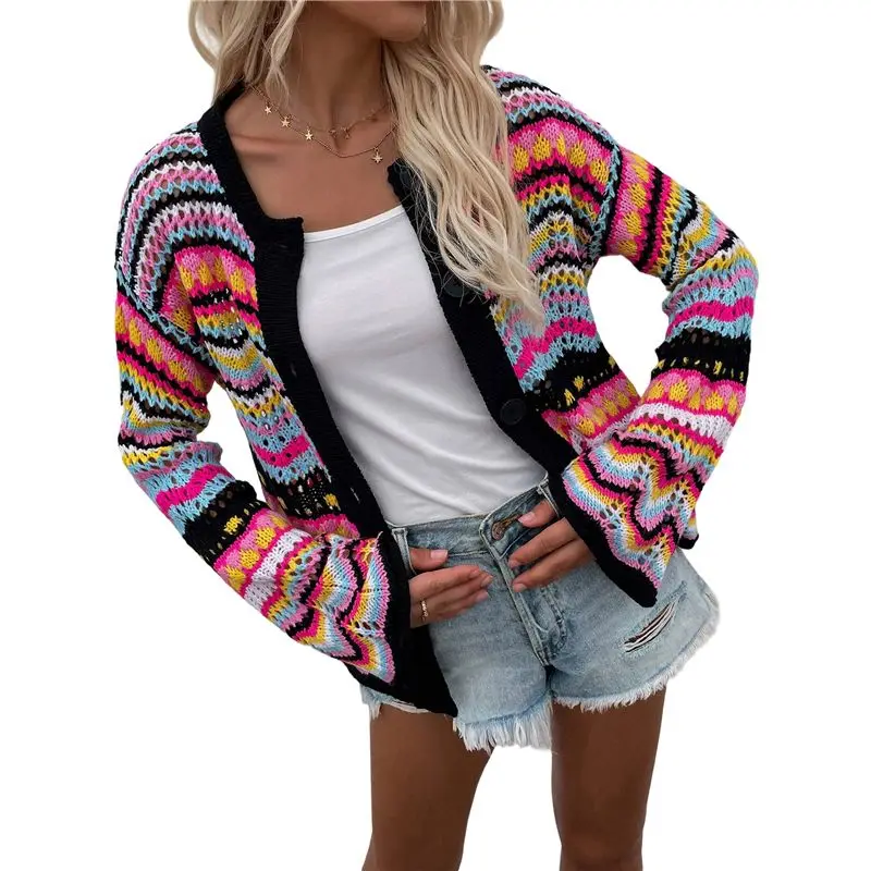 Women's Multicolored Striped Crochet Knit Cardigan Crew Neck Flared Sleeve Button Y2K Sweater Coat Black S-A74P