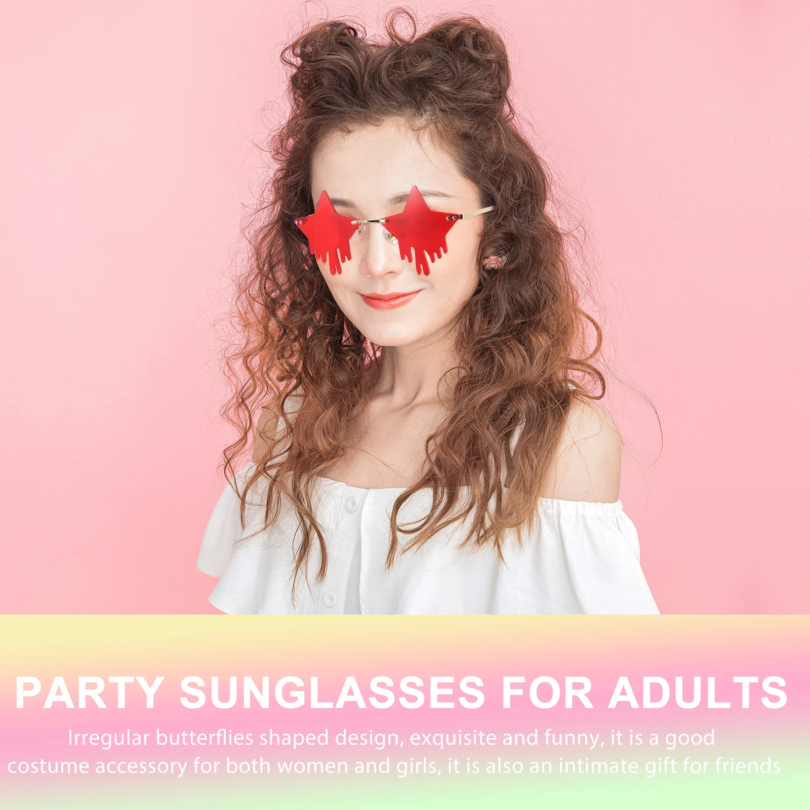 

1 Pair Gold Frame Red Lens Sunglasses Star Design Lightweight Uv Protection Stylish Rimless Glasses For Women Men Party Beach