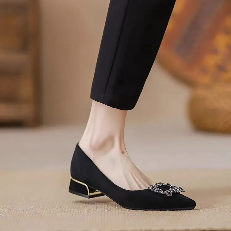 Spring 2026 Women's Brand Single Shoes Pearl Buckle Soft Bottom High Heels Work Footwear Comfortable Sharp Pointed Toe Thick ...