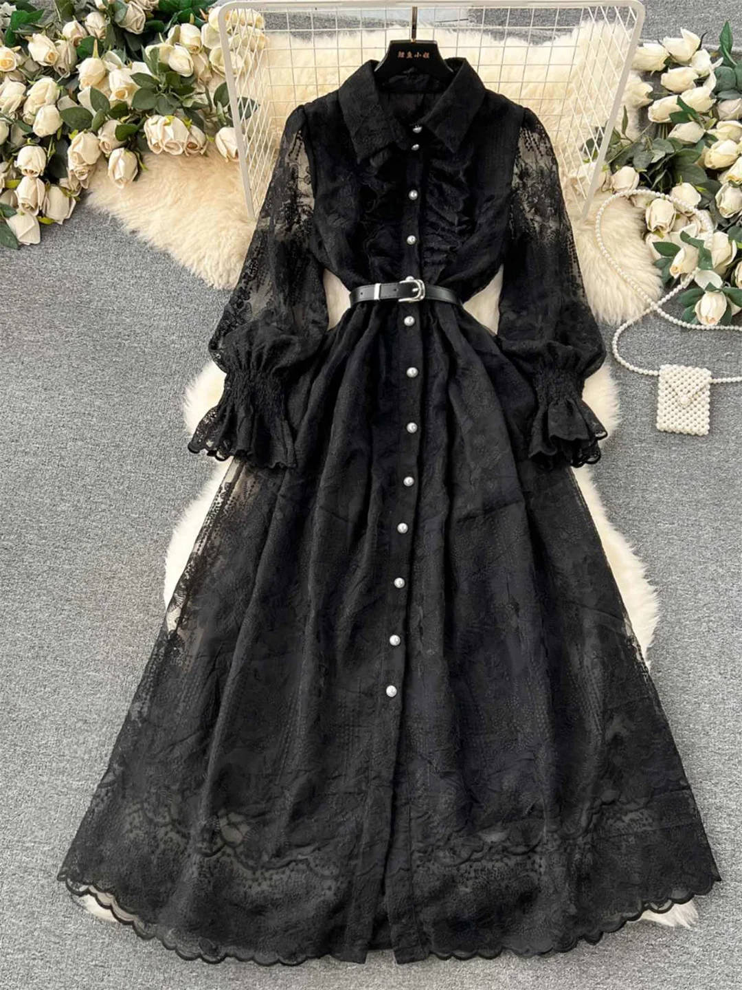 

Crosier Dresses 2025 Women Lapel Collar Front Buttoned Elegant Maxi Dress With Belt Long Sleeve Floral Embroidery Holiday Dress