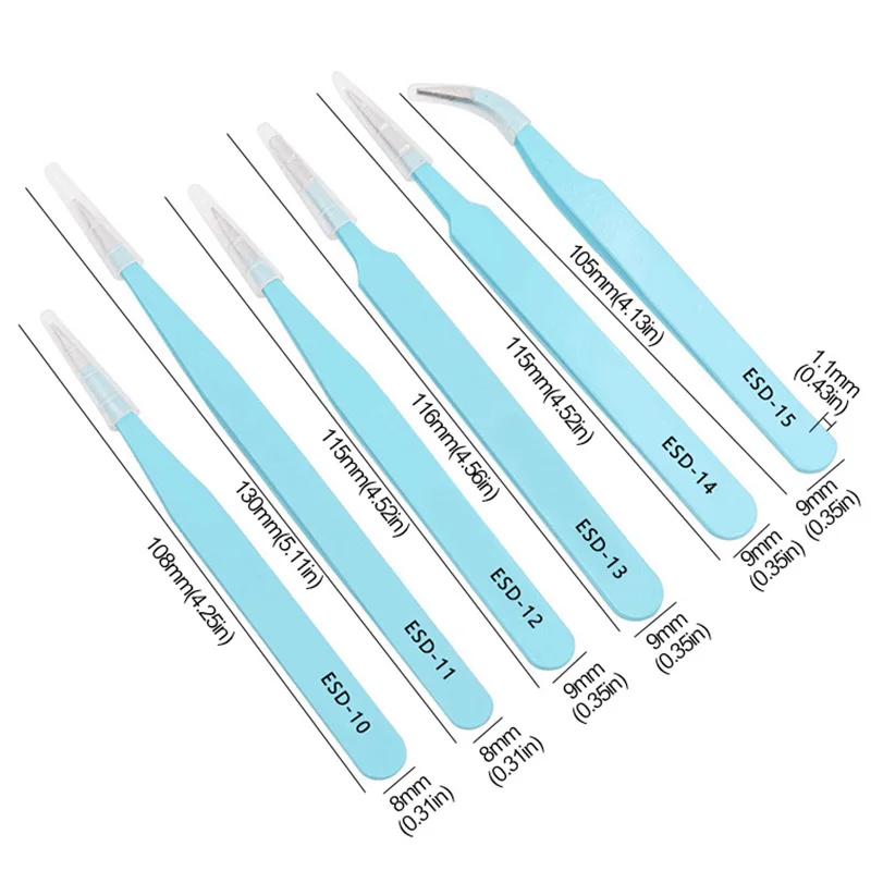 6Pcs Esd Anti-Statische Roestvrijstalen Pincet Precisie Onderhoud Industriële Reparatie Gebogen Tool Thuis Werken Model Maken Hand