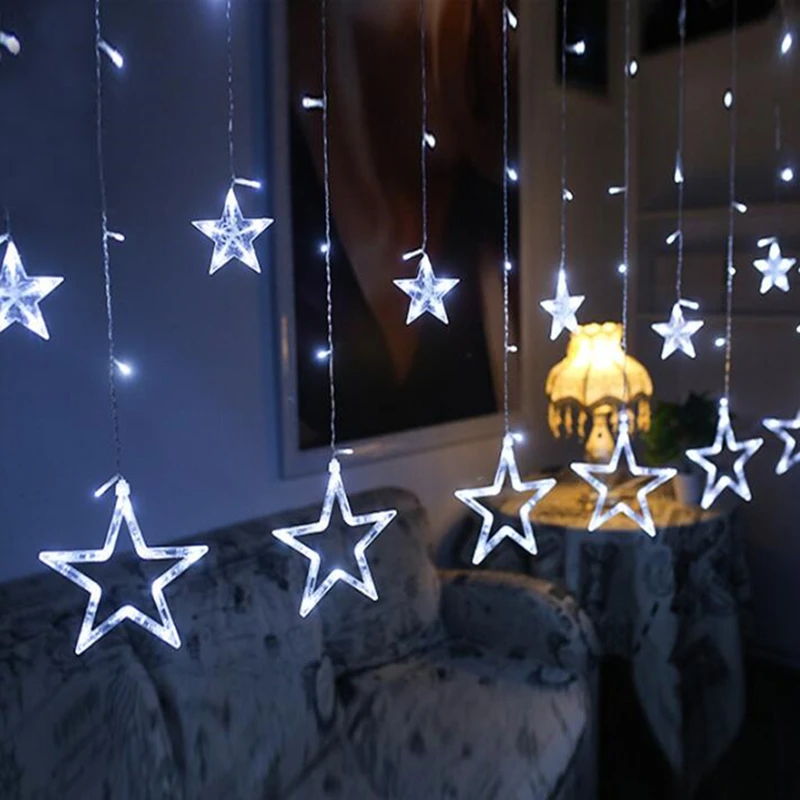 MEMEOKON 4M LED Christmas lights pentagram star curtain lights birthday lights indoor warm white party decoration