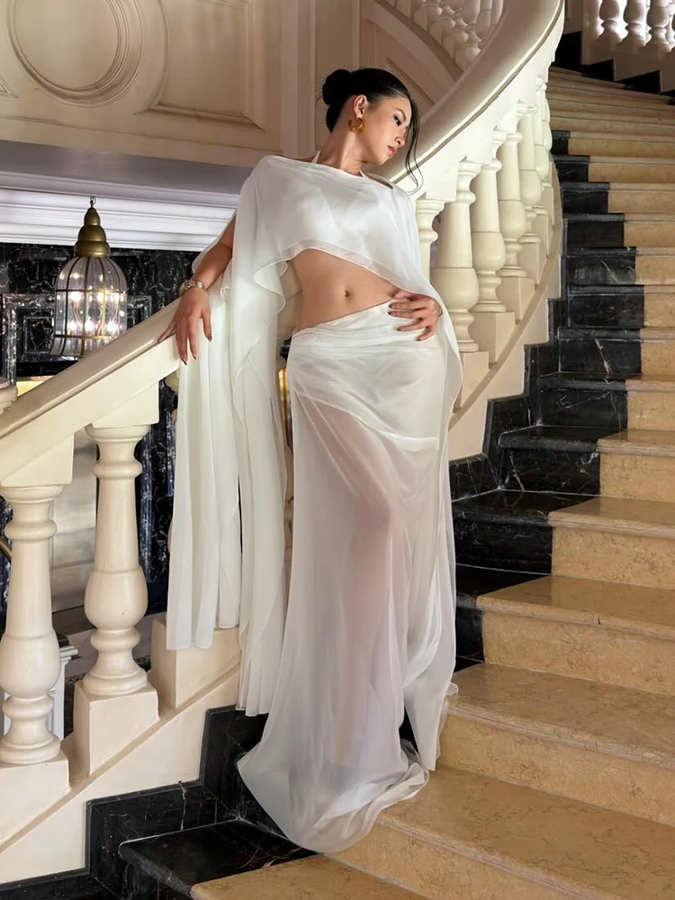 

Nibber Summer Elegant Mesh 3-Piece Set Women Halter Solid Bra+Long Tassel Sloping Shoulders Crop Tops+Folds Skirt Vacation Suits