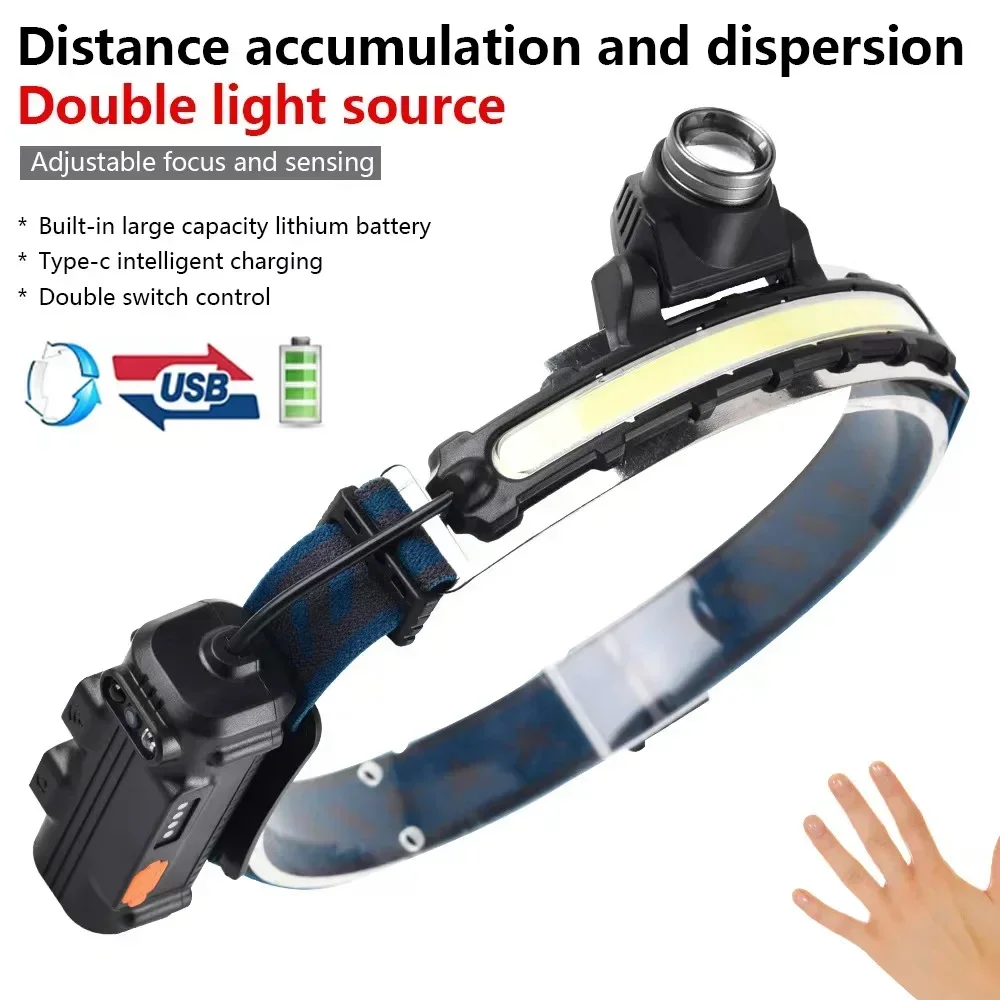 Smart Sensor COB LED Headlight, Type‑C Rechargeable Headlamp for Outdoor Activities