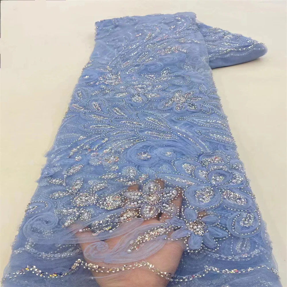 

2023 High Quality African Nigerian Tulle Lace Fabric Sequins Embroidery French Guipure Wedding Party Dress Beaded 5Yards xz-0275
