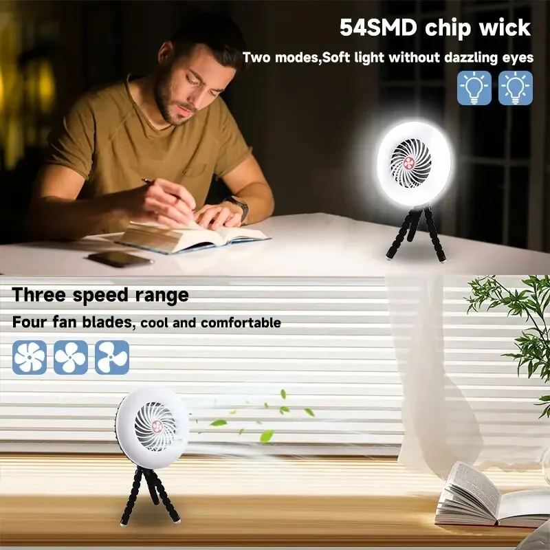 Multifunzione 3 in 1 LED Ventilatore Luce Illuminazione da campeggio Ventilatore elettrico Lampada da tenda sospesa Ricarica USB Ventilatore estivo Lanterna con alimentazione