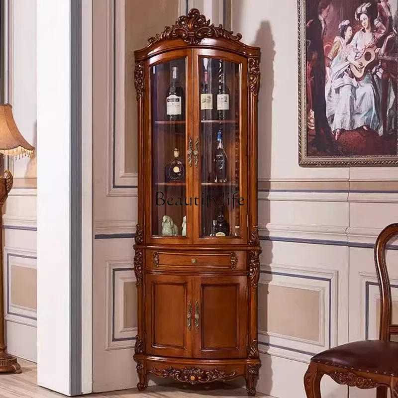 

02European all-solid wood triangular wine cabinet living room wall triangular locker