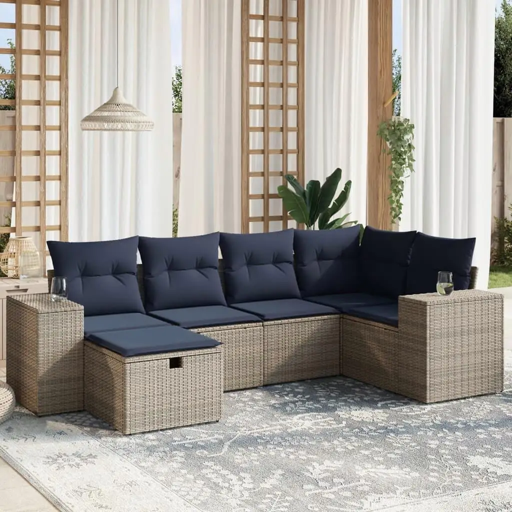 

Luxurious 6 Piece Outdoor Patio Sofa Set with Soft Cushions Gray Poly Rattan Furniture