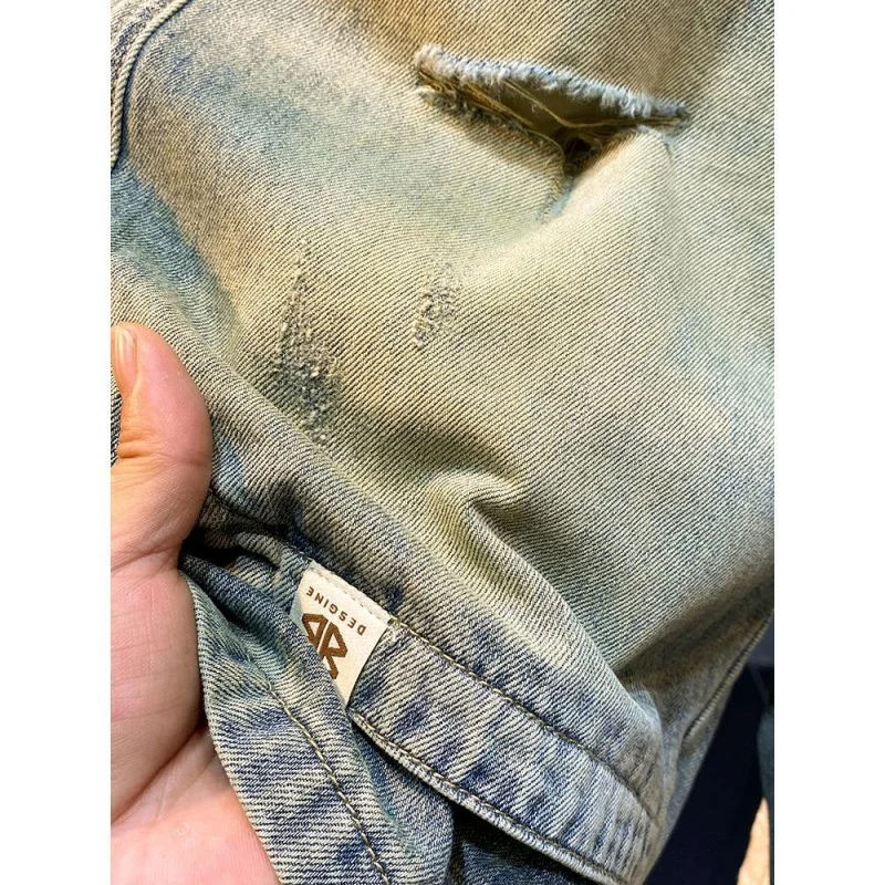 Summer Retro Washed And Perforated Breathable Denim Shorts Men Straight Fit Loose Fitting Casual Split Cotton Ripped Jeans