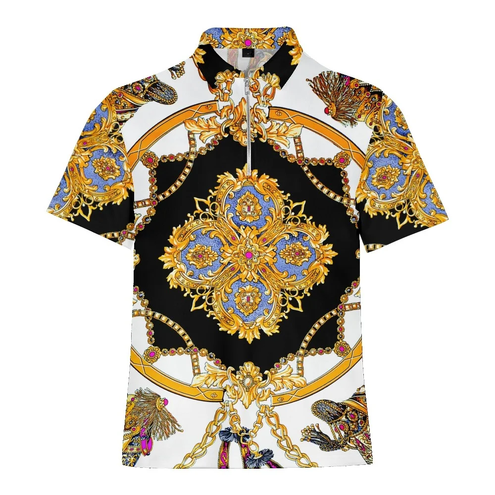 LCFA Golden Flower Luxury Baroque Man Polo Shirt Mens Casual 3d Print Zip Polo Shirt Men Short Sleeve High Quantity Polo Men