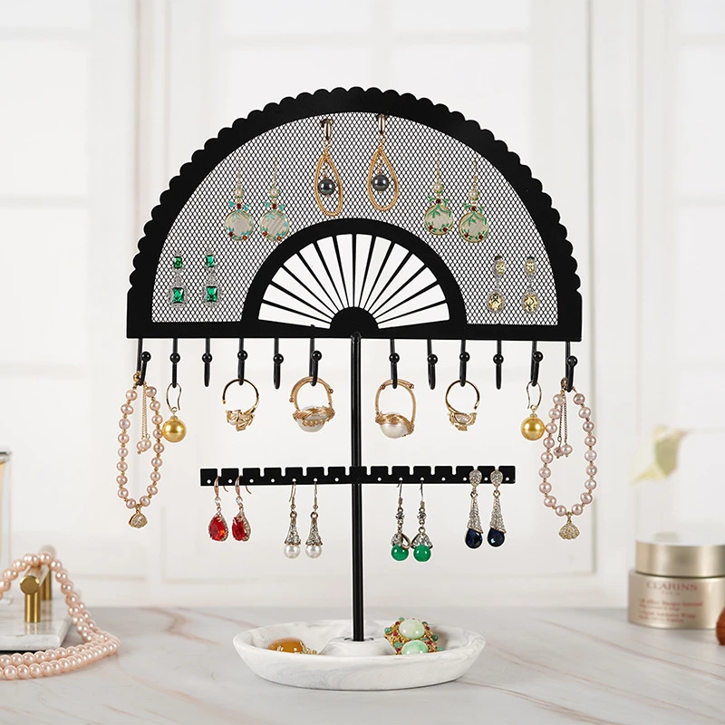 

Nordic Style Fan-Shaped Jewelry Rack Iron 3-Layer Earrings Necklace Storage Rack Jewelry Black Cosmetic Table Display Rack