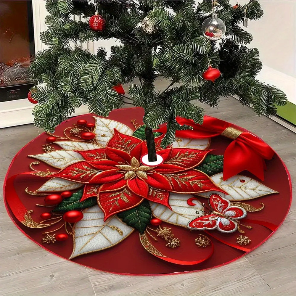 Christmas Tree Skirt Red Poinsettia Butterfly Bow Print Xmas Winter Holiday Home Decor for Fireplace Party Festive Ornament