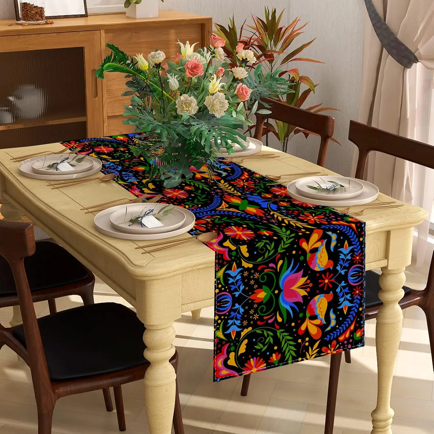 

Mexican Day of The Dead Linen Table Runner Tabletop Decor Reusable Dia De Los Muertos Kitchen Dining Table Runner Party Decor