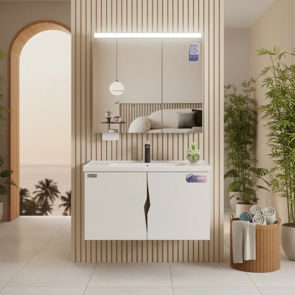 Modern Co-extrusion Board Bathroom Vanity Set Wall-mounted Double-door Mirror Cabinet Rectangle Shape Gray White Mirror