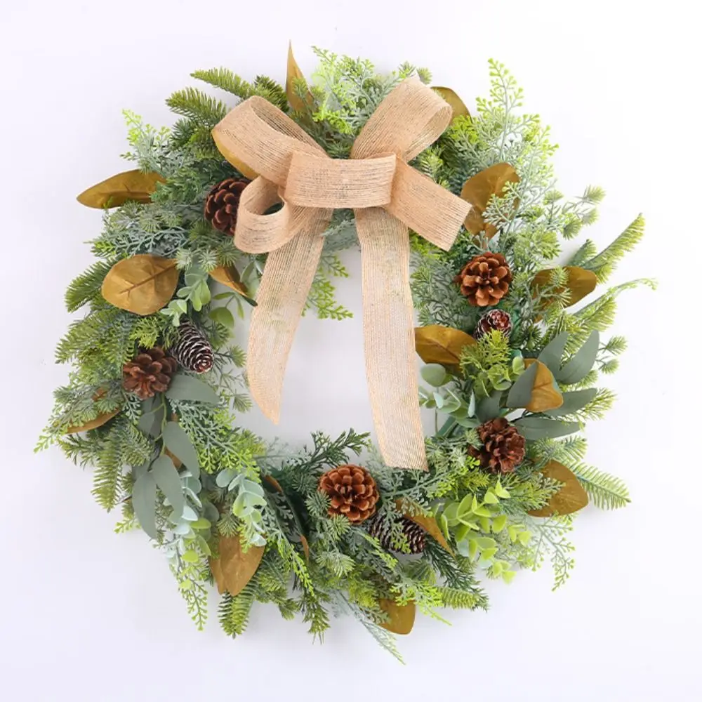 45cm Christmas Wreath Artificial Green Leaves Creative Bow Glowing Flower Wreath Reusable Fake Pine Cone Vine Ring Bedroom