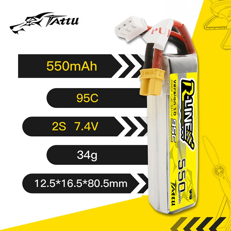 TATTU-R-LINE 1.0 500/550mAh 95C 3.7V/7.4V/11.1V batteria Lipo con XT30/PH2.0 per RC elicottero Quadcopter FPV Racing Drone Parts