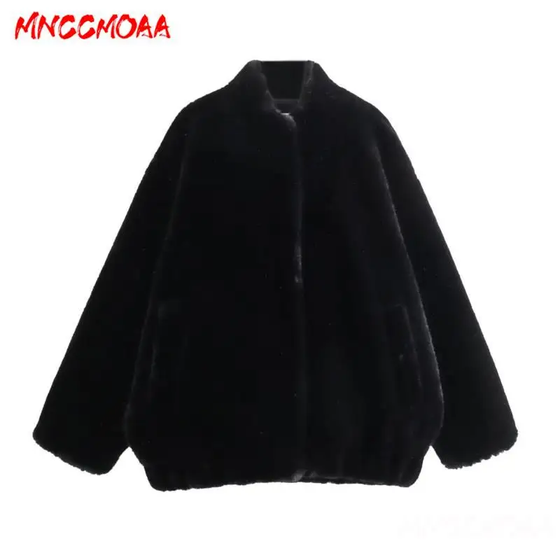 MNCCMOAA-Women's Thick Stand Collar Jacket, Warm Coat, Long Sleeve Pockets, Loose Outerwear, Female Fashion, Winter, 2024