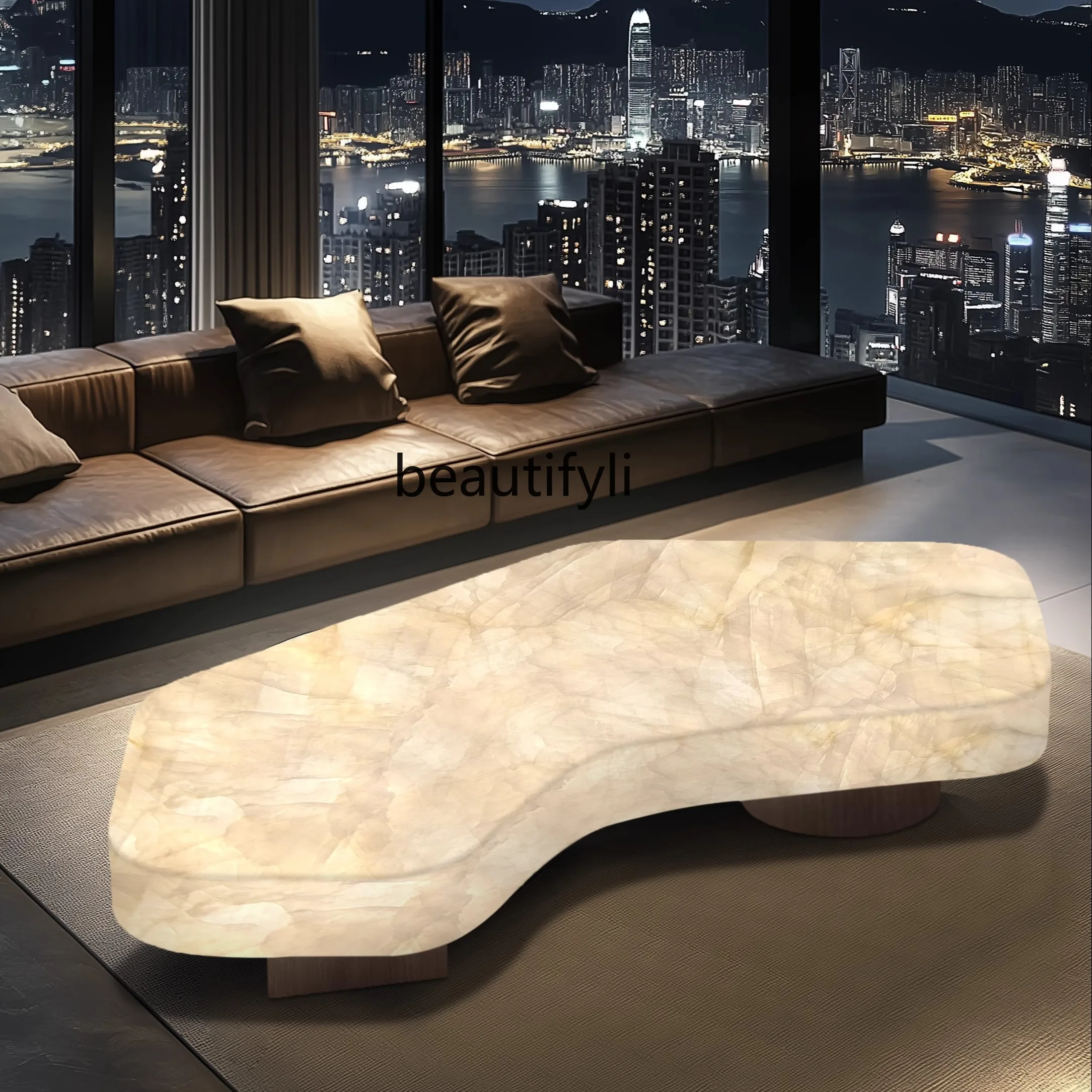 

Living room coffee table luminous jade luxury stone white ice jade meniscus light luxury advanced large flat layer