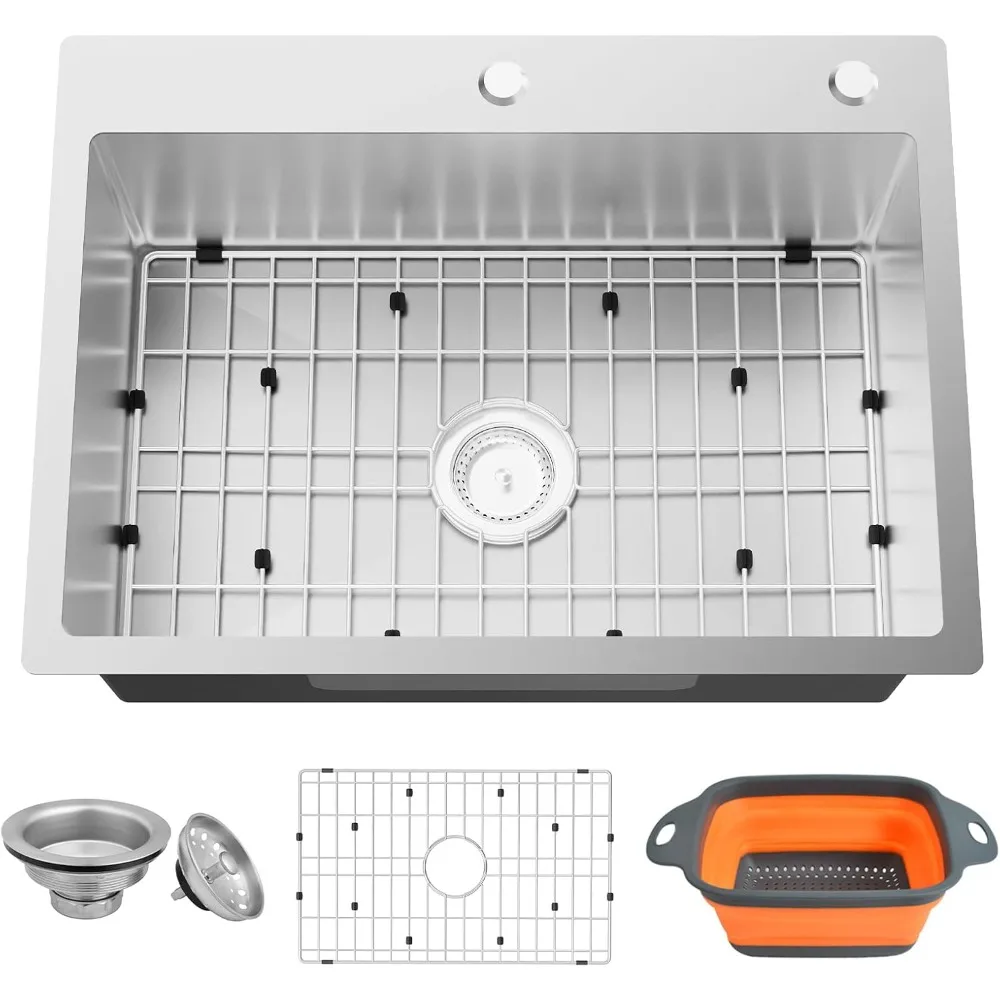 

Stainless Steel 25x18 Inch Kitchen and Bar Sink with Bottom Grid and Drainer - Modern and Stylish Drop-In Topmount Design