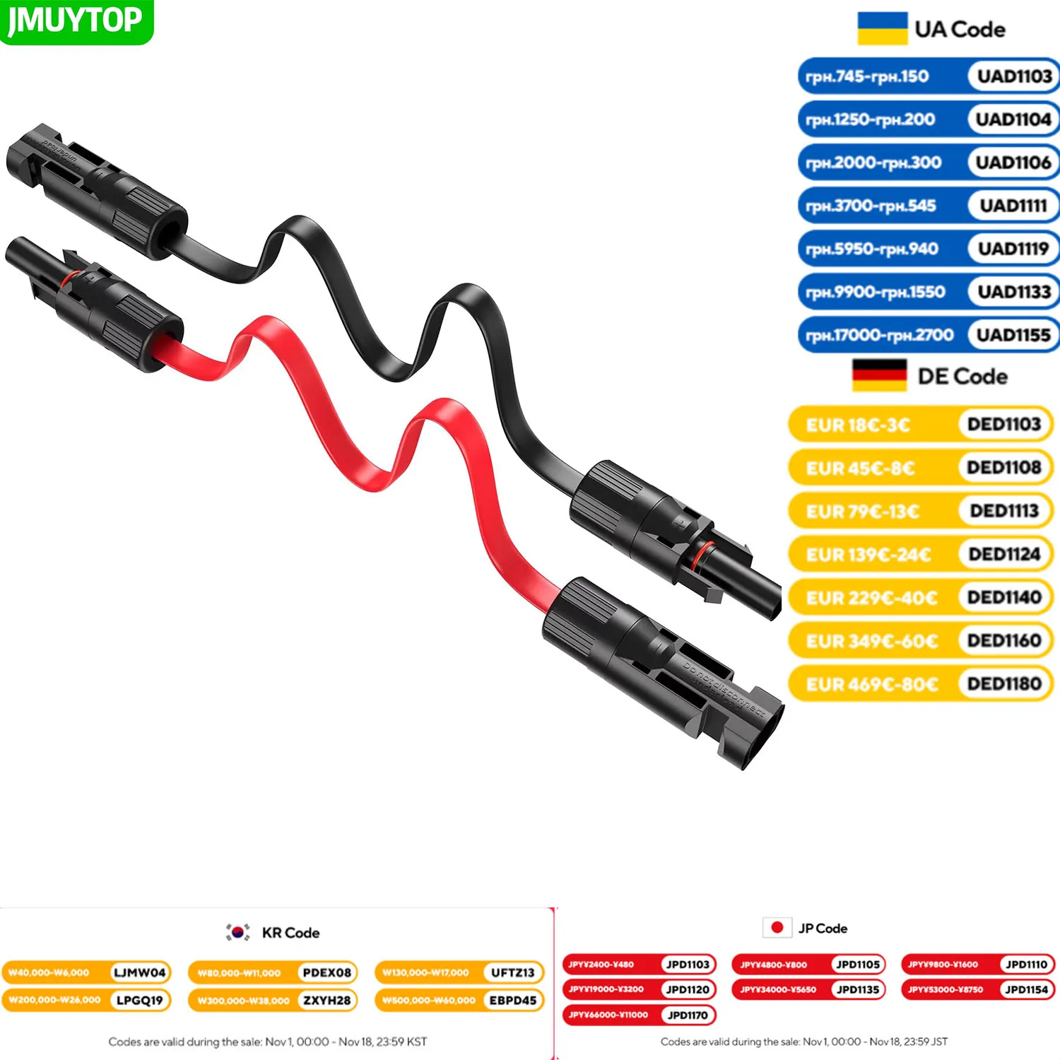 JMUYTOP Flat Solar Panel Extension Cable 12/10 AWG 4/6 Mm2 Waterproof Connectors for RV Photovoltaic Home Balcony Through Wire