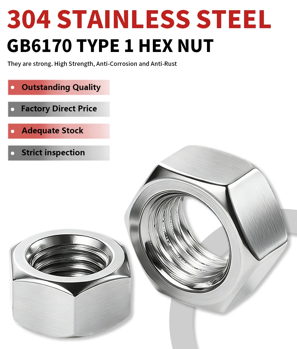 GB6170 Typ 1 Sechskantmutter, dicker als Standardmutter, höhere Festigkeit, 304 Edelstahl, M4 M5 M6 M8 M10 M12 M14 M16 M18 M20 M22 M24 M27 M30 – Detail 1