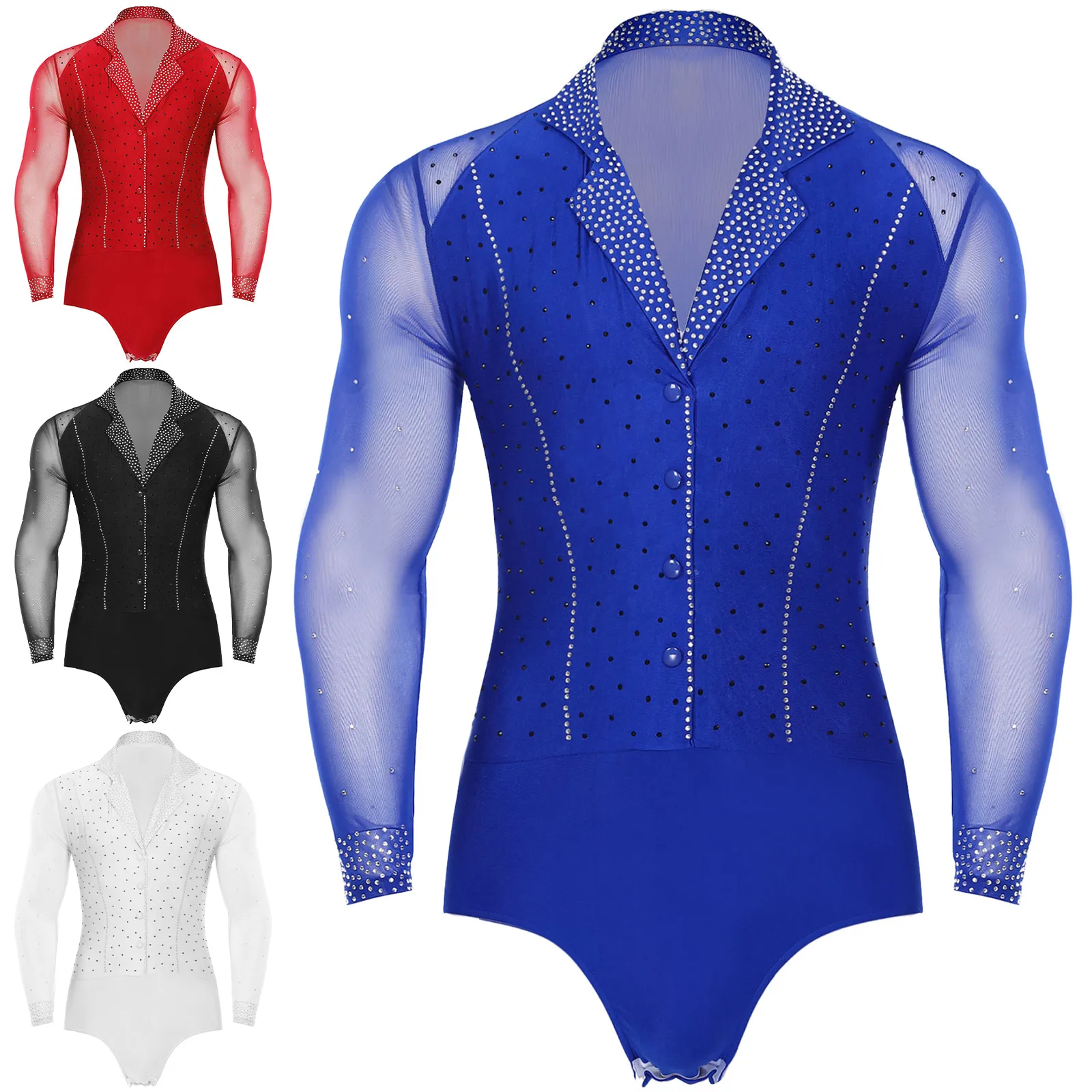 ผู้ชายตาข่าย Splice เต้นรําเสื้อ Unitard ห้องบอลรูมโมเดิร์น Latin Salsa Tango Rumba Chacha Dancewear แขนยาว Leotard บอดี้สูท