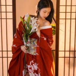 Kimono Traditionnel Japonais à Manches sulfpour Femme et Fille, Tenue Sexy avec Document Rouge Obi, Imprimé de Fleurs, pour Spectacle sur Scène