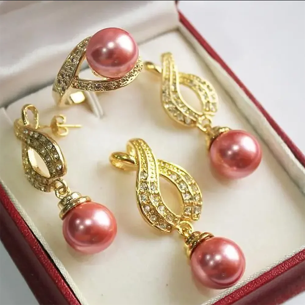 

Fashion New 18kgp + 12mm Shell Pearl Earring Ring Pendant Jewelry Set AAA