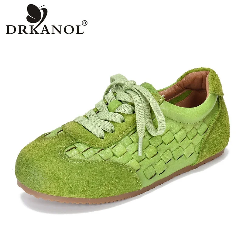 DRKANOL Women Genuine Leather Weave Flat Shoes Spring Summer Handmade Retro Round Toe Lace-Up Soft Comfort Casual Single Shoes