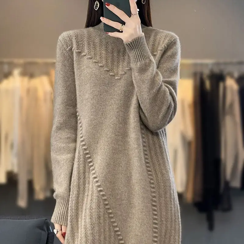 

Half High Neck Mid Length Sweater for Women Loose and Lazy Style New Dress Knitted Top Inner Bottom Layer Sweater