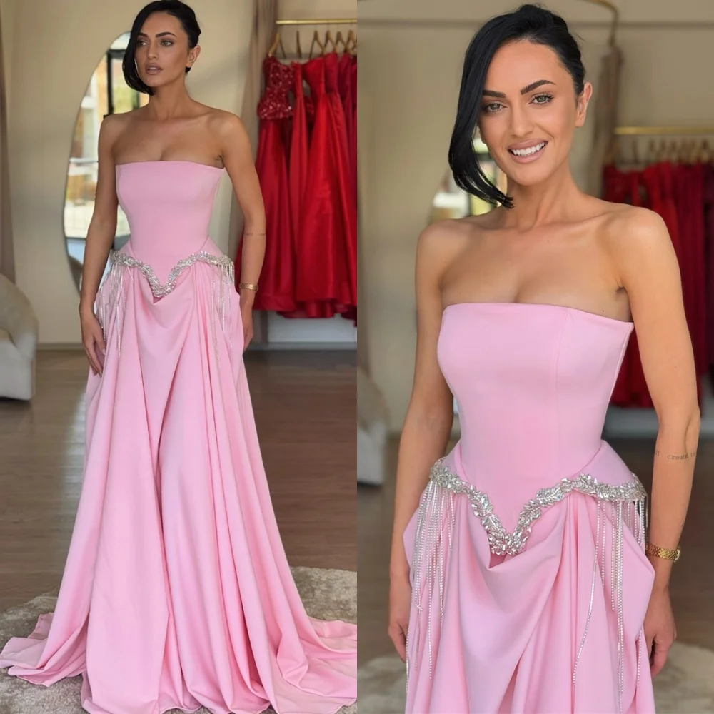 

Customized Soft Pink Evening Dress Formal Strapless Sleeveless Homecoming Dresses Classic Court Train Special Occasion Gowns