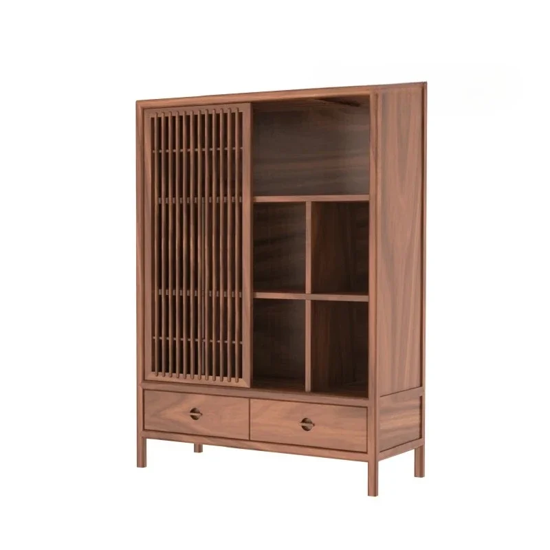 New Chinese Style Black Walnut Floor Standing Storage Cabinet Modern Zen Solid Wood Display Bookcase