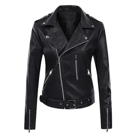Women's Motorcycle Style Leather Jacket Slim Fit Versatile Fall Winter New Arrival V-Neck Genuine Leather Coat for Ladies