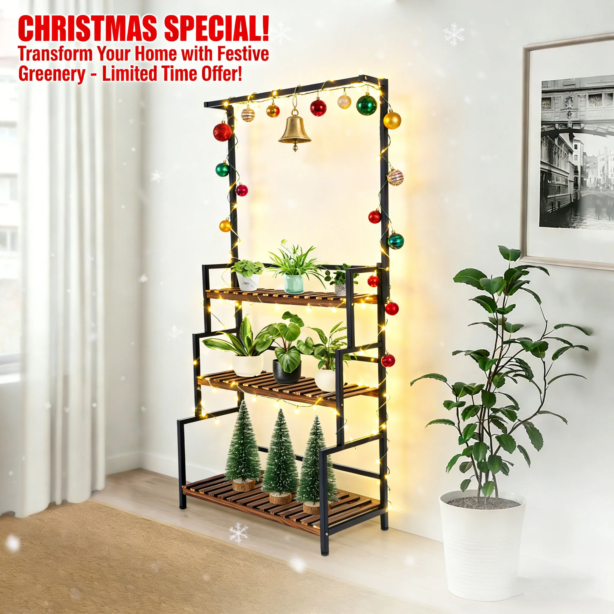 

3 Tier Black Plant Stand with Hanging Basket, Flower Pot Stand Rack 80x34x173cm, Galvanized Carbon Steel, for Indoor Outdoor