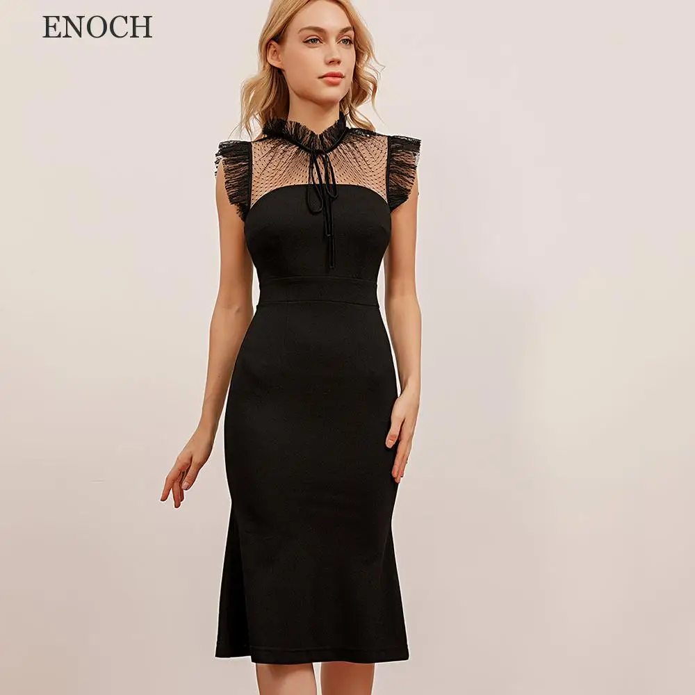 

ENOCH Elegant High Neck Black Cocktail Dresses Sleeveless Ruffles Mermaid Party Dresses Custom Made Sheer Back Vestidos De Gala