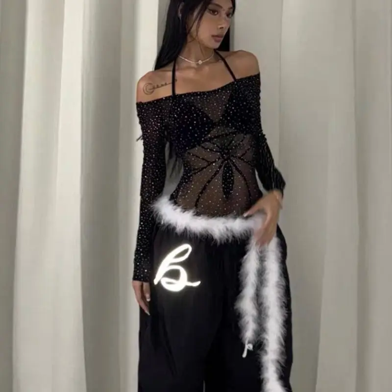 

American Style Long-sleeved Cut-out Form-fitting Spice Girl Top for Women Summer Fashion Sexy One-shoulder See-through T-shirt