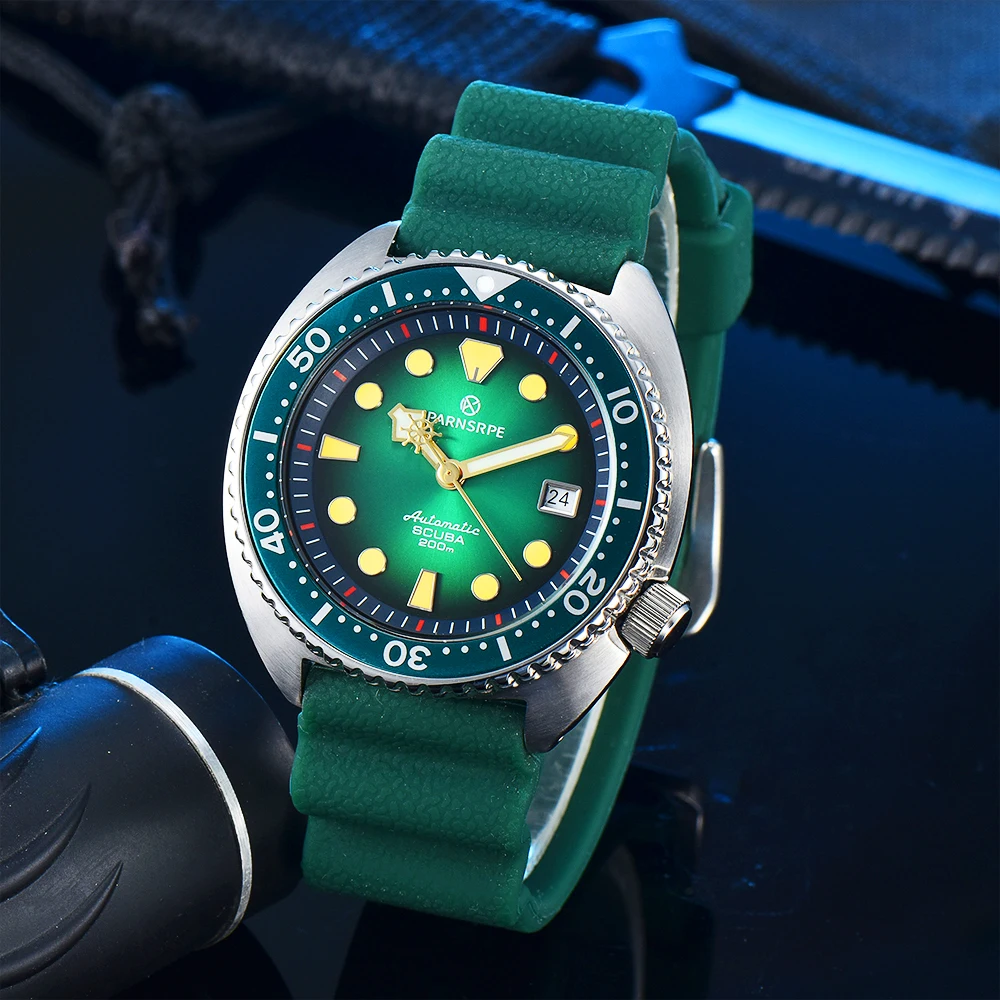 PARNSRPE Diver Men's Automatic Mechanical Watch Japan NH35 Movement Green Dial Rubber Strap Sapphire Glass Elegant Men's Watch