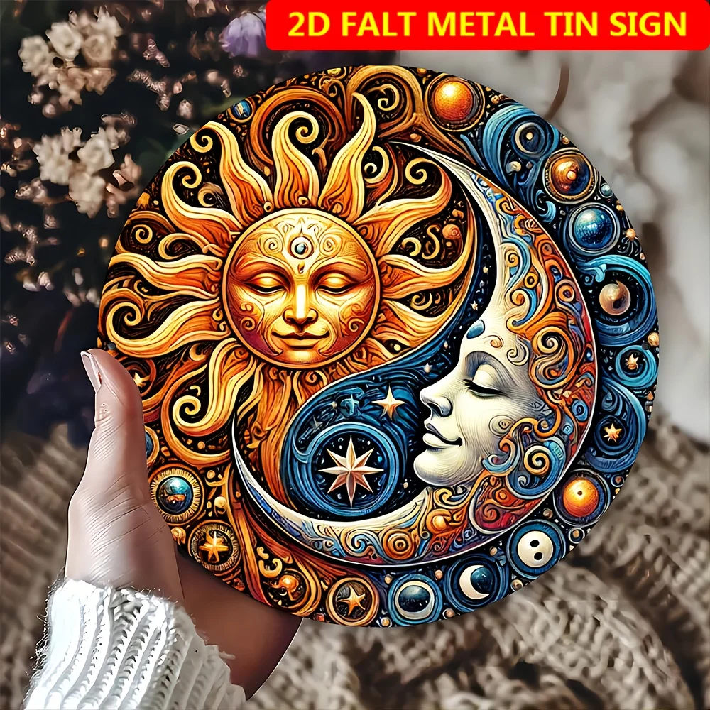Panneau en métal plat 2D, soleil et lune fantastiques - Décoration murale en aluminium de style artistique mystérieux pour jardin, patio, intérieur et extérieur